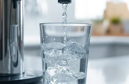 Crystal clear water being poured into a glass from a modern water filter, water droplets, fresh and pure, bright kitchen background, realistic photo